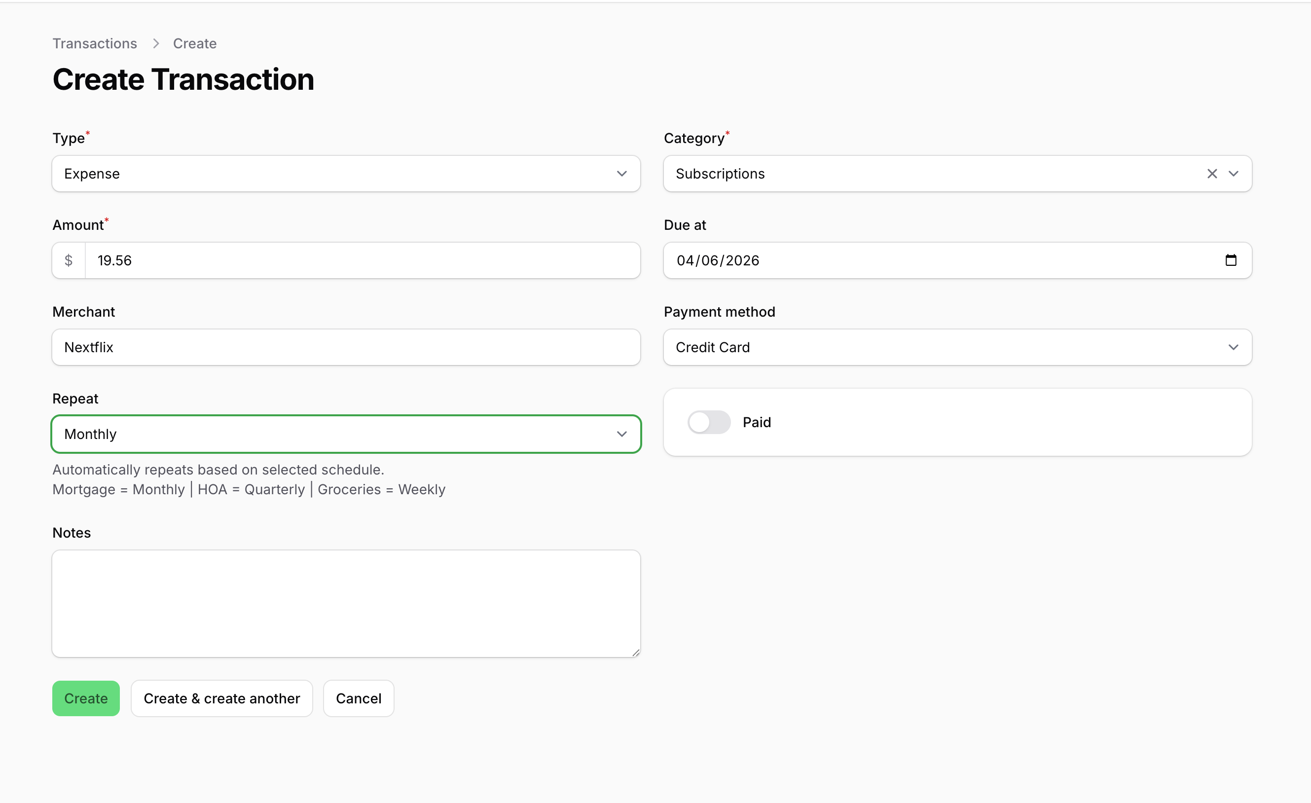 Mintly Quick transaction entry
